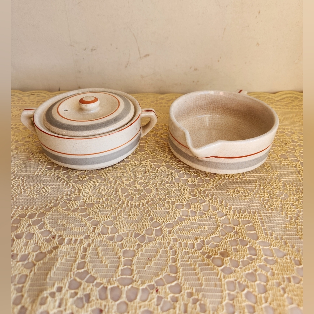 Antique Mikori ware Pottery Japan Creamer Sugar Stoneware Pink Gray